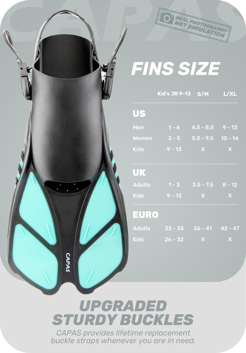 CAPAS Snorkel Fins, Swim Fins Travel Size Short Adjustable for Snorkeling Diving Adult Men Women Kids Open Heel Swimming Flippers - Image 2